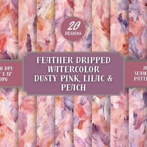 Pink Feathers Seamless Digital Papers, Abstract Feather Patterns, 12&quot;x12&quot;, 20 Images, Feather Backgrounds,Drip Texture, Pink, Peach, Lilac