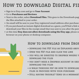 May include: A yellow folder with a green downward arrow icon, illustrating how to download digital files from Etsy and Dropbox. The text explains how to download files from Etsy and Dropbox, including instructions on how to download files as a guest, and how to download files using a web browser instead of the Etsy app.