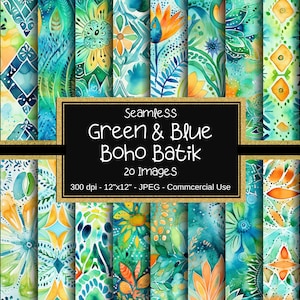 Puede incluir: Un conjunto de 20 patrones digitales sin costuras con diseños de batik boho acuarela verde y azul. Los patrones son de 30,5 cm por 30,5 cm y 300 dpi. Son perfectos para uso comercial.