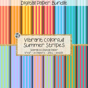 May include: A digital paper bundle featuring a variety of colorful vertical stripes in shades of red, orange, yellow, green, blue, and purple. The text reads "Vibrant Colorful Summer Stripes" and "12"x12" - 20 Papers - JPEG - 300DPI".
