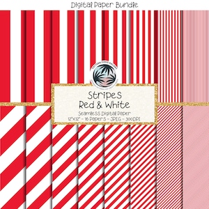 Rot & weiß nahtlos gestreiftes digitales Papier, gestreiftes Papier, 16 Streifen, digitaler Hintergrund, Scrapbook-Papier, kommerzielle Nutzung, Instant Download