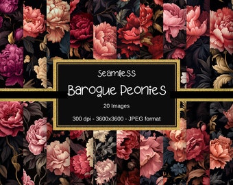 Naadloze barokke pioenroos digitaal papier, naadloze donkere bloemenachtergronden, gotische rococo, 20 ontwerpen, 12 x 12 inch