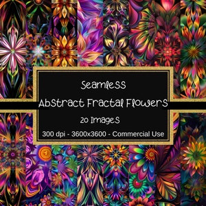 Papiers numériques sans couture avec fleurs fractales, motifs fractals, 20 modèles, 12 x 12 po, usage commercial, motif floral fractal, kaléidoscopique