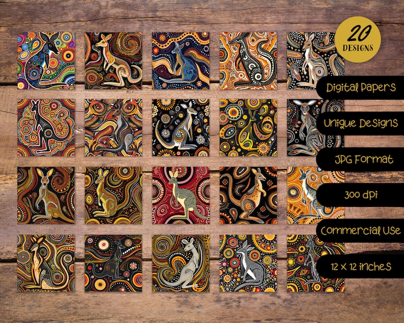 Puede incluir: 20 dise&ntilde;os digitales de papel con patrones &uacute;nicos con canguros en una variedad de colores y estilos. Los dise&ntilde;os est&aacute;n en formato JPG, 300 dpi y miden 12 pulgadas por 12 pulgadas.