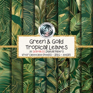 Green and Gold Tropical Leaves SEAMLESS Digital Paper, Jungle Leave Backgrounds, Gold Foil, 20 designs, 12"x12",  Commercial Use