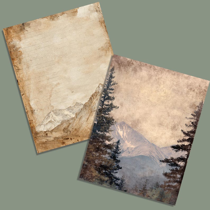 Rustic Ridge Paper Vintage Mountain Junk Journal Pages, Rustic Forest Paper, Fantasy ...