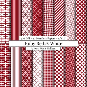 Può includere: Una collezione di 20 carte digitali senza cuciture in rosso rubino e bianco, con vari motivi come strisce, pois e disegni geometrici. Le carte misurano 30,48 cm x 30,48 cm e 300 DPI, perfette per il digital crafting. Il testo sull'immagine dice "Ruby Red & White".