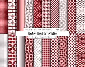 Ruby Red and White Geometric Seamless Patterns, 12"x12", 20 Papers, Red and White Background, Abstract Digital Paper, Various Patterns #5