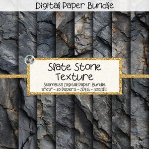 May include: A digital paper bundle showcasing a slate stone texture. The image presents a series of seamless digital papers, each with a distinct pattern of grey and black stone. The text on the image reads "Slate Stone Texture" and "12"x12" - 20 Papers - JPEG - 300DPI".
