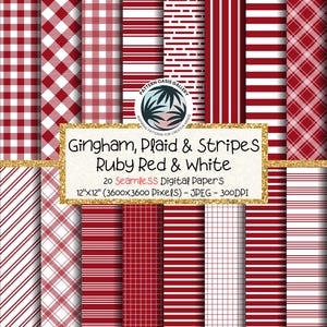 May include: A collection of 20 digital papers featuring various patterns in ruby red and white. Designs include gingham, plaid, and stripes. Each paper measures 12x12 inches (3600x3600 pixels) and is in JPEG format.