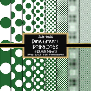 Pine Green Polka Dot Seamless Digital Paper, 12&quot;x12&quot;, 16 Papers, Small Polka Dots, Big Polka Dots, Dotted, Green White Colored Dots, Dots