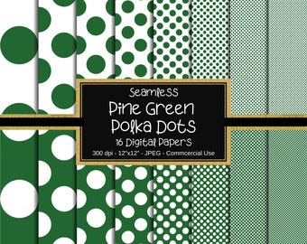 May include: A set of 16 digital papers featuring seamless patterns of pine green polka dots on a white background. The papers are 12 inches by 12 inches and 300 dpi.
