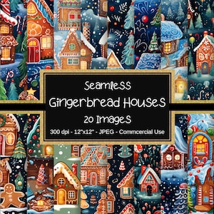Gingerbread Houses Seamless Digital Paper, Gingerbread Pattern, 12&quot;x12&quot;, 20 Designs, Christmas Pattern, Xmas, Gingerbread House