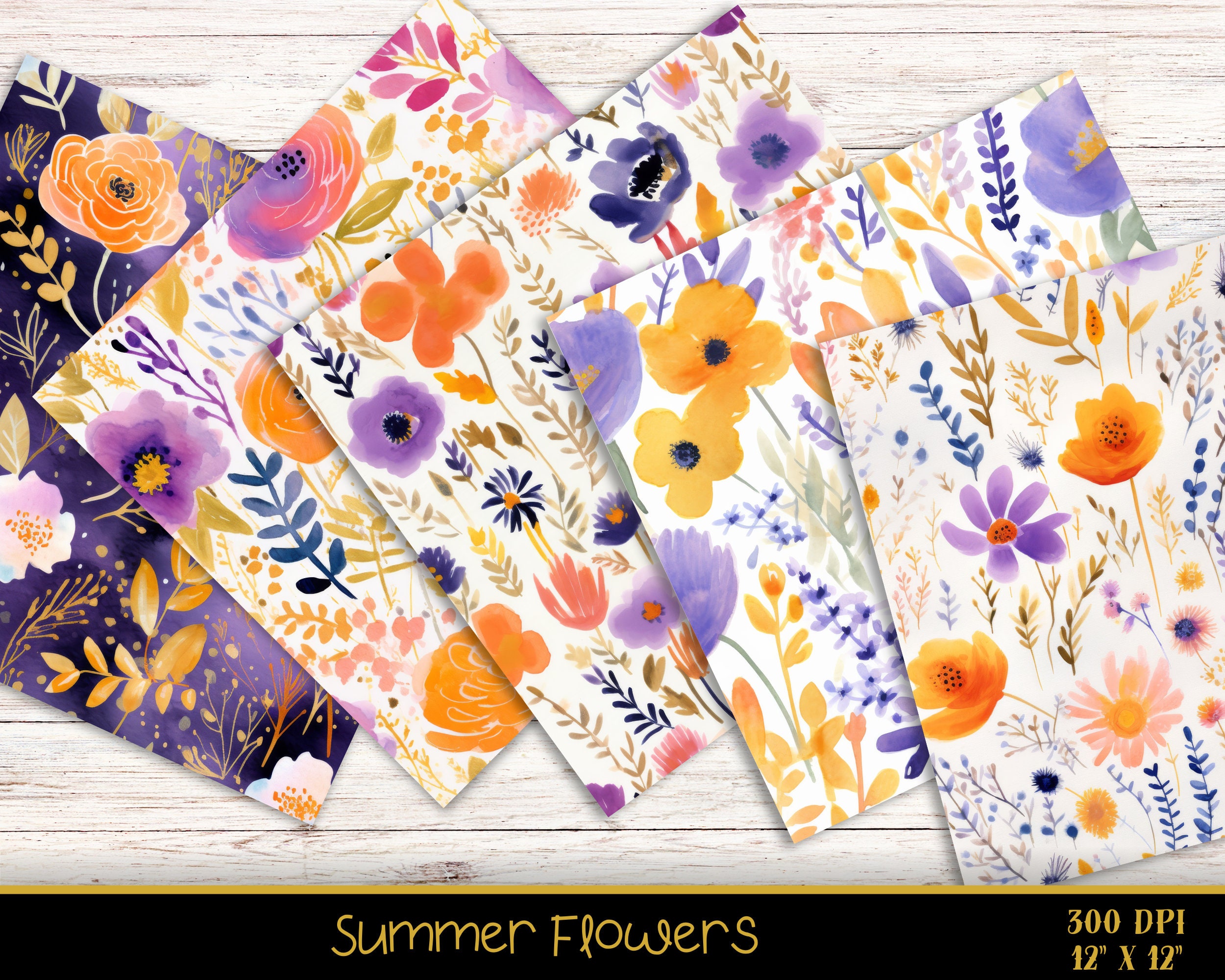 Summer Flowers Seamless Digital Papers, Summer Watercolor Flower ...