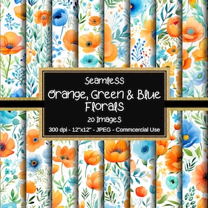 May include: A set of 20 digital seamless patterns featuring watercolour illustrations of orange, green, and blue flowers. The patterns are 12 inches by 12 inches and 300 dpi.