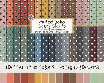 Muted Boho Skulls Digital Paper Bundle, Seamless Spooky Halloween Pattern, 30 Colors (Digital Download)