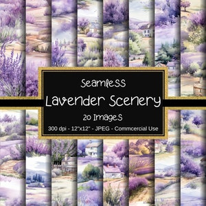 Könnte beinhalten: Ein digitales Papierpaket mit 20 nahtlosen Aquarellmustern mit Lavendelfeldern, Häusern und Bäumen. Die Muster sind in den Farben Lila, Blau, Grün und Weiß gehalten. Der Text "Seamless Lavender Scenery 20 Images 300 dpi - 12"x12" - JPEG - Commercial Use" ist auf dem Bild zu sehen.
