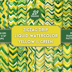 May include: 20 seamless digital paper patterns featuring a yellow and green zigzag drip watercolor design. Each pattern is 12 inches by 12 inches and 300 DPI.
