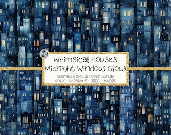 Abstract Whimsical Houses Digital Paper Bundle, Seamless Midnight Village Pattern (Digital Download)