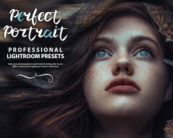 May include: A woman with blue eyes and freckles looks up at the camera. Her face is framed by dark hair and leaves. The text "Perfect Portrait" and "Professional Lightroom Presets" is visible at the top of the image. The text "Take your photography to next level, by being able to use 5000+ Professional Lightroom Presets Collections" is visible at the bottom of the image.