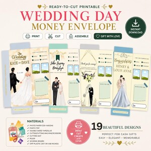 Op de afbeelding: Een digitale collectie van 19 printbare geld-envelopsjablonen voor bruiloften met diverse illustraties van koppels in formele kleding, aanpasbare tekstvelden voor namen, datums en berichten, en iconen voor printen, snijden en in elkaar zetten.