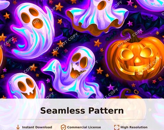 Ghosts and Pumpkins Seamless Pattern, Purple Neon Halloween Stars | 34095