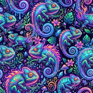 May include: A vibrant, repeating pattern featuring colorful chameleons in shades of teal, purple, and orange. The design includes floral and botanical elements, creating a psychedelic and whimsical aesthetic. The background is a deep, dark blue.