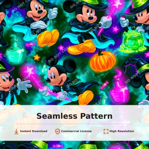 May include: A seamless digital pattern featuring Mickey Mouse dressed as a wizard with a black cape, green hat, and yellow shoes. The design includes glowing pink magic wands, orange pumpkins, bubbling green cauldrons, and pink potion bottles.