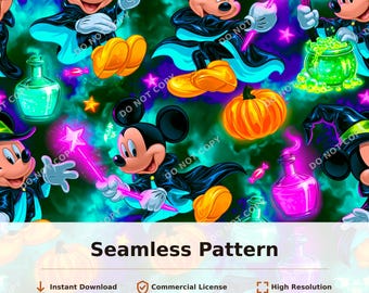 Mickey Mouse Witch Halloween Seamless Pattern, Neon Pumpkin Potion Purple Green Black | 34081