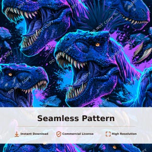 Può includere: Un motivo senza giunture che raffigura diverse teste di Tyrannosaurus Rex blu con denti affilati, occhi arancioni luminosi e pelle testurizzata. Il design include vivaci schizzi viola e blu, ombre scure e il testo Seamless Pattern.