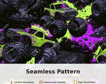 Monster Truck Neon Green Purple Seamless Pattern | 34063