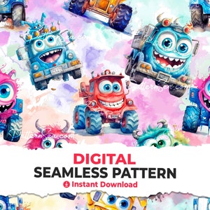 May include: A seamless pattern featuring colorful cartoon monster trucks with googly eyes and toothy grins. The trucks are set against a watercolor background with pink, blue, and yellow hues.