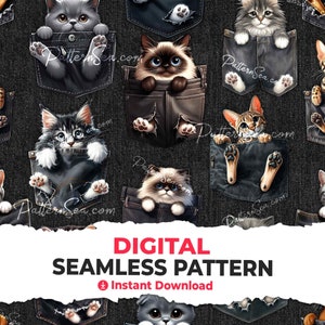 May include: A seamless pattern featuring adorable kittens peeking out of denim pockets. The kittens are various breeds and colours, including grey, white, and brown. The background is a dark denim fabric.