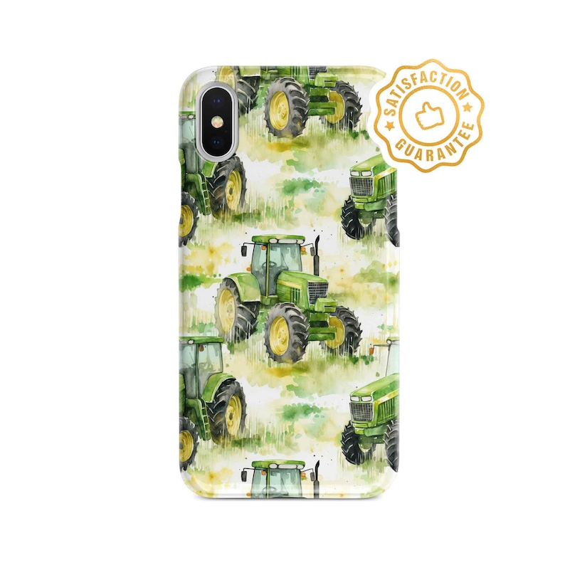 May include: A phone case featuring a watercolour design of green tractors on a white background. The case has a gold sticker with the words "Satisfaction Guarantee" and a thumbs up icon.