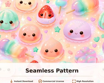 Cute Pastel Kawaii Dessert Faces Seamless Pattern | 34029
