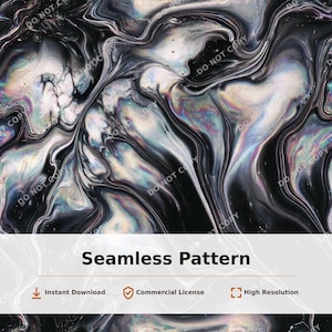 Può includere: Un motivo senza cuciture caratterizzato da un effetto marmo fluido con vortici di colori nero, bianco e metallizzati iridescenti. Il design mostra onde organiche simili a liquidi e sfumature che creano una texture visiva continua.