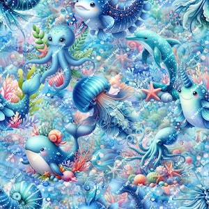 Puede incluir: Un patrón sin costuras que presenta una variedad de criaturas marinas coloridas, incluyendo un pulpo, una medusa, un delfín, una ballena y un narval. El fondo es de color azul claro con coral y otras formas de vida marina.