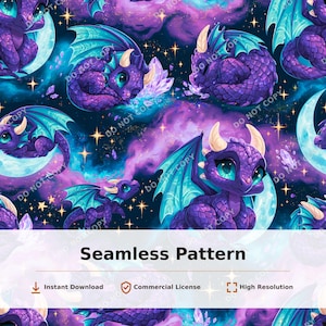 May include: A seamless pattern featuring purple dragons with teal wings and horns, set against a dark cosmic background with glowing stars, crescent moons, and scattered crystals. The design includes the text Seamless Pattern.