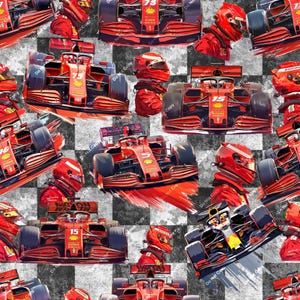 May include: A seamless pattern featuring red race cars on a black and white chequered background. The cars are in various positions, some are in motion and some are stationary. The pattern is perfect for fabric, wallpaper, or other creative projects.