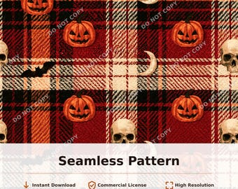 Halloween Pumpkins Skulls Plaid Seamless Pattern | 34133