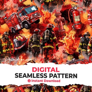 May include: A seamless digital pattern featuring firefighters, fire trucks, fire hydrants, and fire extinguishers. The pattern is set against a background of flames and smoke.