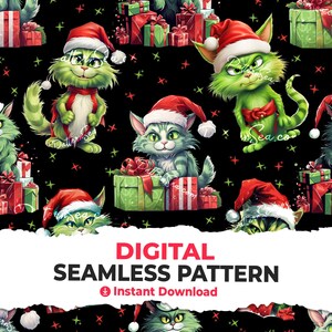 Könnte beinhalten: Ein nahtloses digitales Muster mit grünen Katzen, die Weihnachtsmützen tragen und Weihnachtsgeschenke auf einem schwarzen Hintergrund mit roten und grünen Sternen halten.
