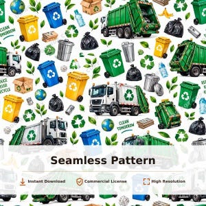 Può includere: Un motivo continuo con camion della spazzatura verdi, bidoni della raccolta differenziata gialli e blu, sacchi neri, scatole di cartone, bottiglie di plastica e foglie verdi. Il testo "CLEAN TOMORROW" e "Seamless Pattern" è visibile.