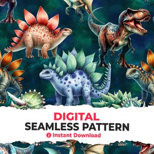 Sömlöst mönster med dinosaurier: Utskrivbar sublimeringsfil (digital nedladdning) - 33629