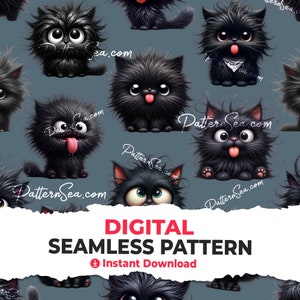 Puede incluir: Un patrón sin costuras con gatos de dibujos animados negros con diferentes expresiones. Los gatos tienen ojos grandes, pelaje esponjoso y están colocados sobre un fondo azul. El texto "PatternSea.com" aparece varias veces en el patrón.