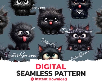 Black Cat Seamless Pattern, Printable Sublimation File (Digital Download) - 33328