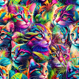 May include: A colourful, abstract pattern featuring multiple cats with vibrant, psychedelic colours and a tropical foliage background.