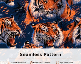 Tiger Heads Seamless Pattern Orange Black Navy Blue Jungle Art | 34065