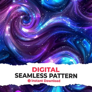 May include: A digital seamless pattern featuring a swirling galaxy design with shades of blue, purple, and pink. The background is a dark blue with white stars.