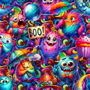 May include: A colorful, whimsical pattern featuring cartoon monsters with bright colors and playful expressions. The pattern includes a monster holding a sign that says "BOO!" and a cupcake with rainbow sprinkles. The background is a swirling mix of rainbow colors.